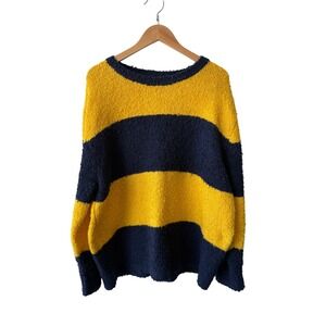Rowing Blazers Mens Large Striped Boucle Knit Sweater Navy Yellow Crewneck L